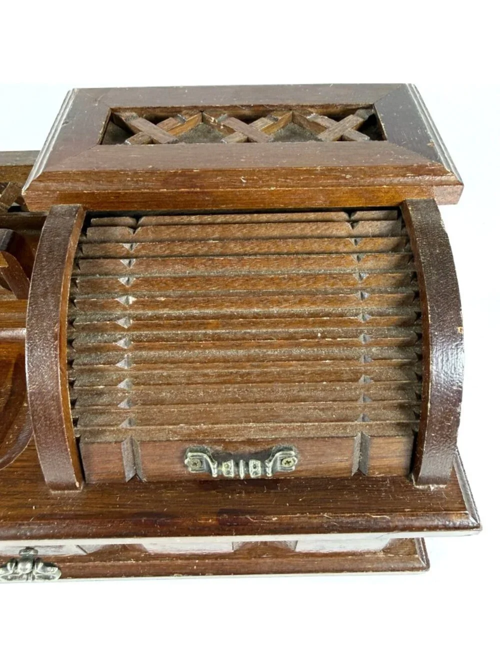 Vintage Men's Dresser Top Wooden Valet Jewelry Box Roll-Top Change Tray